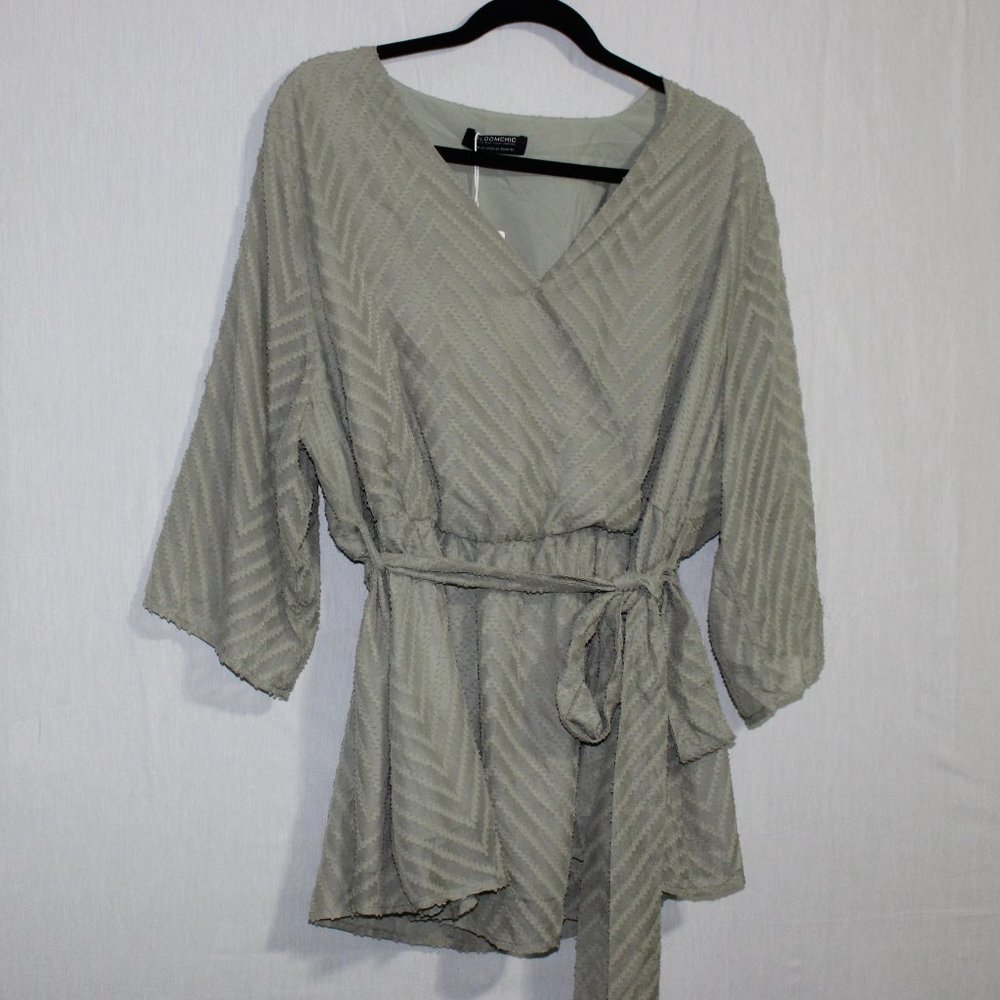 Bloomchic - Plain Geometric Mesh Surplice Neck Belted Ruffles Blouse / New / 2x